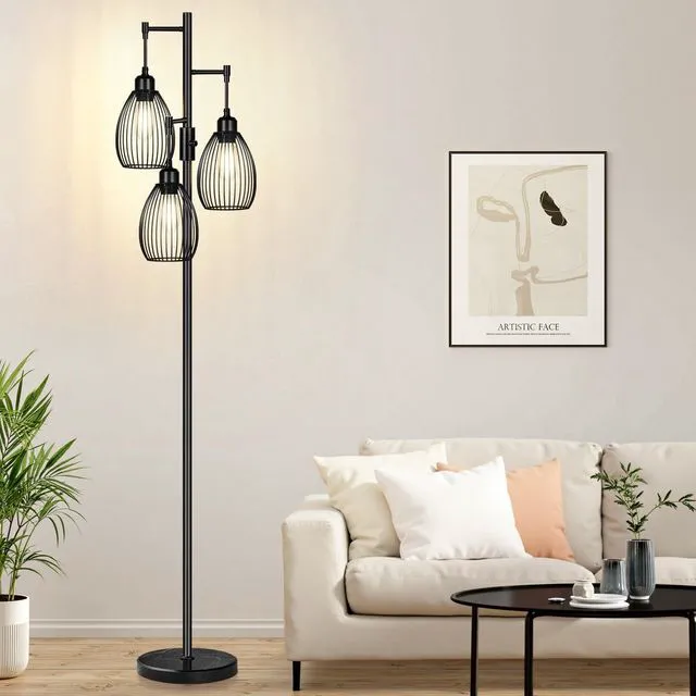Main image of Dimmable Floor Lamp,3x800LM LED Bulbs Included, Farmhouse Industrial Floor Lamp Standing Tree Lamp with Teardrop Cage Head Tall Lamp for Living Room Bedroom Office Dining Room - Black & Marble Base