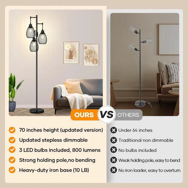 Alt view image 2 of 7 - Dimmable Floor Lamp,3x800LM LED Bulbs Included, Farmhouse Industrial Floor Lamp Standing Tree Lamp with Teardrop Cage Head Tall Lamp for Living Room Bedroom Office Dining Room - Black & Marble Base