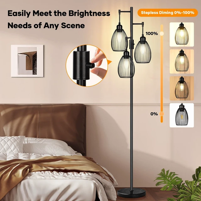 Alt view image 3 of 7 - Dimmable Floor Lamp,3x800LM LED Bulbs Included, Farmhouse Industrial Floor Lamp Standing Tree Lamp with Teardrop Cage Head Tall Lamp for Living Room Bedroom Office Dining Room - Black & Marble Base