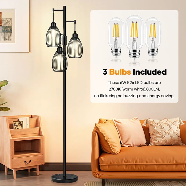 Alt view image 4 of 7 - Dimmable Floor Lamp,3x800LM LED Bulbs Included, Farmhouse Industrial Floor Lamp Standing Tree Lamp with Teardrop Cage Head Tall Lamp for Living Room Bedroom Office Dining Room - Black & Marble Base