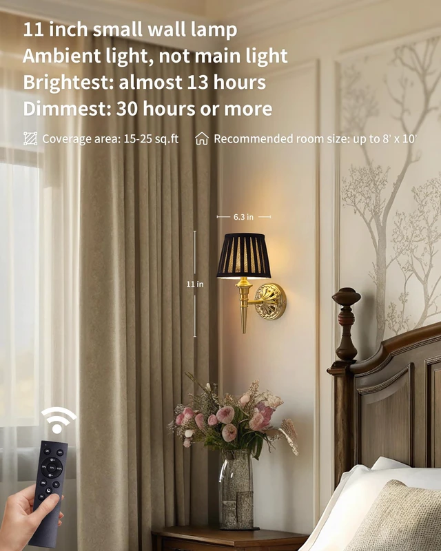 Alt view image 2 of 7 - Cordless Gold Wall Sconces Set of 2, Black Fabric Lampshde Wall Lamps Small LED Wireless Portable Rechargeable Battery Lighting for Wall Painting, Living Room, Bedroom, Hallway, Gifts, Nightlight