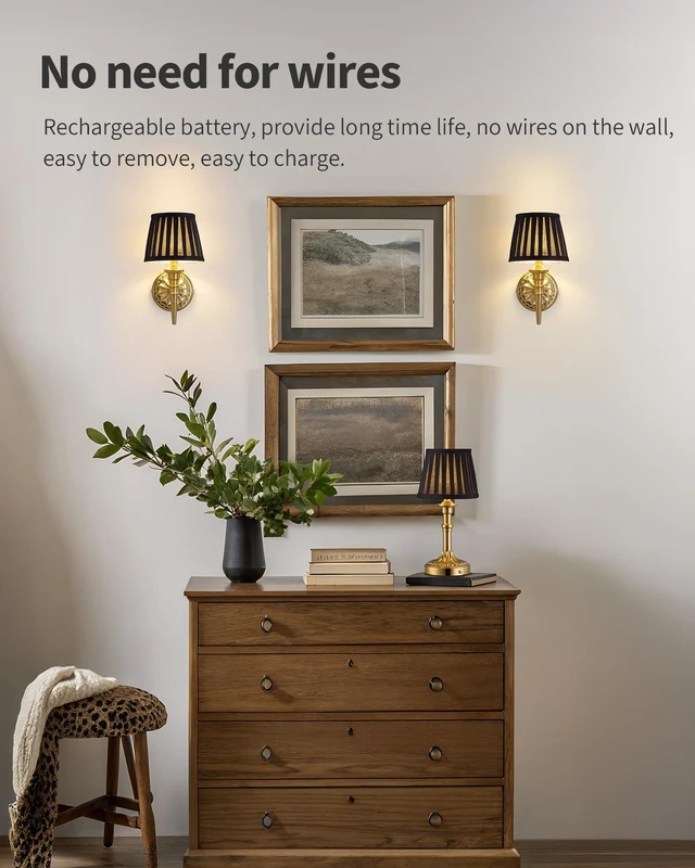 Alt view image 3 of 7 - Cordless Gold Wall Sconces Set of 2, Black Fabric Lampshde Wall Lamps Small LED Wireless Portable Rechargeable Battery Lighting for Wall Painting, Living Room, Bedroom, Hallway, Gifts, Nightlight