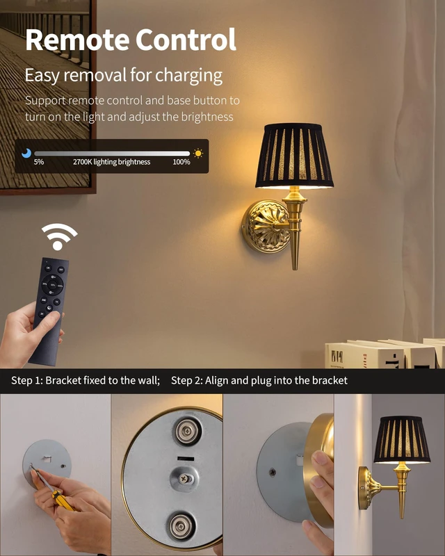 Alt view image 4 of 7 - Cordless Gold Wall Sconces Set of 2, Black Fabric Lampshde Wall Lamps Small LED Wireless Portable Rechargeable Battery Lighting for Wall Painting, Living Room, Bedroom, Hallway, Gifts, Nightlight