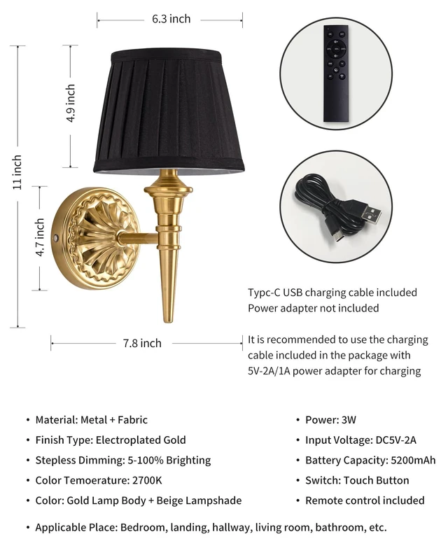 Alt view image 5 of 7 - Cordless Gold Wall Sconces Set of 2, Black Fabric Lampshde Wall Lamps Small LED Wireless Portable Rechargeable Battery Lighting for Wall Painting, Living Room, Bedroom, Hallway, Gifts, Nightlight