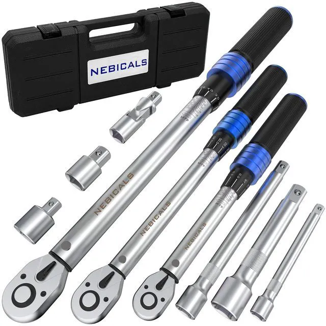 Main image of 9PCS Torque Wrench Set 1/4 20-220 Inlb,3/8 5-45 &1/2 10-170 Ftlb,6 extension bar&adapter,±3% Accuracy,72 T,Dual Scale,Chrome plated, anti-rust,not scratch&wear-resistant than Black,DIY,car,bike&truck