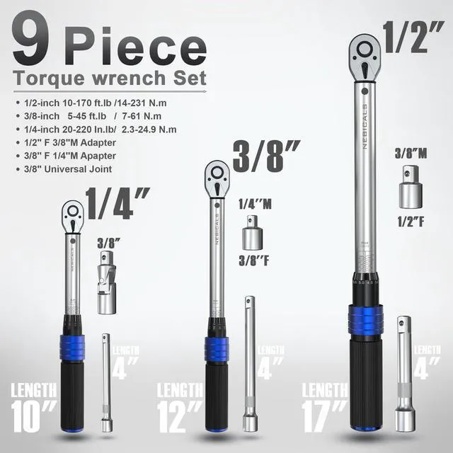 Alt view image 2 of 7 - 9PCS Torque Wrench Set 1/4 20-220 Inlb,3/8 5-45 &1/2 10-170 Ftlb,6 extension bar&adapter,±3% Accuracy,72 T,Dual Scale,Chrome plated, anti-rust,not scratch&wear-resistant than Black,DIY,car,bike&truck