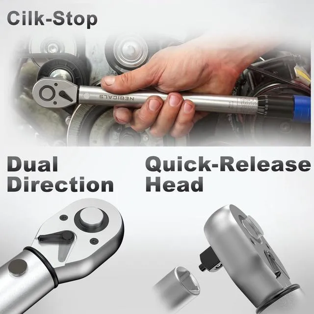 Alt view image 5 of 7 - 9PCS Torque Wrench Set 1/4 20-220 Inlb,3/8 5-45 &1/2 10-170 Ftlb,6 extension bar&adapter,±3% Accuracy,72 T,Dual Scale,Chrome plated, anti-rust,not scratch&wear-resistant than Black,DIY,car,bike&truck