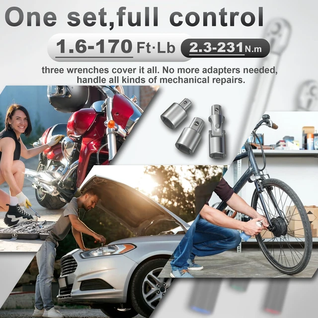 Alt view image 6 of 7 - 9PCS Torque Wrench Set 1/4 20-220 Inlb,3/8 5-45 &1/2 10-170 Ftlb,6 extension bar&adapter,±3% Accuracy,72 T,Dual Scale,Chrome plated, anti-rust,not scratch&wear-resistant than Black,DIY,car,bike&truck