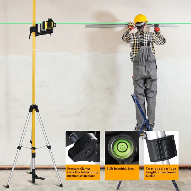 Alt view image 2 of 7 - 12 Ft./3.7M Professional Laser Level Pole with Tripod and 1/4-Inch by 20-Inch Laser Mount for Rotary and Line Lasers, Adjustable Telescoping Laser Pole with 5/8"-11 Threaded Adapter-FLP370C