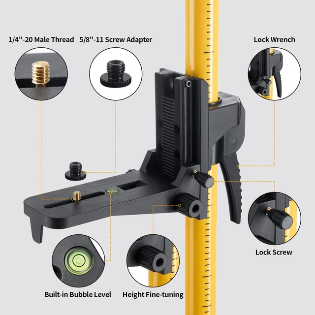 Alt view image 3 of 7 - 12 Ft./3.7M Professional Laser Level Pole with Tripod and 1/4-Inch by 20-Inch Laser Mount for Rotary and Line Lasers, Adjustable Telescoping Laser Pole with 5/8"-11 Threaded Adapter-FLP370C