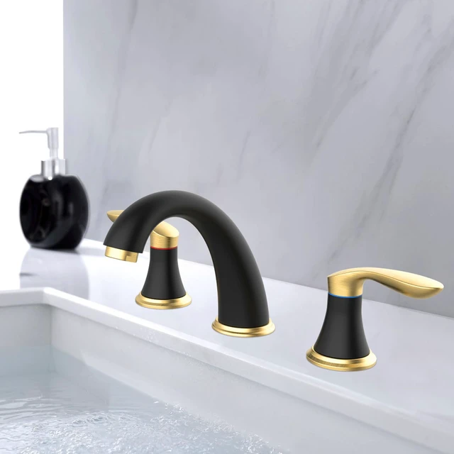 Alt view image 2 of 6 - Bathroom Sink Faucet, Faucet for Bathroom Sink, Widespread Black and Gold Bathroom Faucet 3 Hole with Plastic Pop Up Drain and cUPC Lead-Free Hose - (Black and Gold)