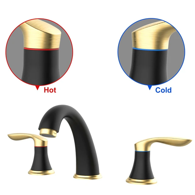 Alt view image 4 of 6 - Bathroom Sink Faucet, Faucet for Bathroom Sink, Widespread Black and Gold Bathroom Faucet 3 Hole with Plastic Pop Up Drain and cUPC Lead-Free Hose - (Black and Gold)