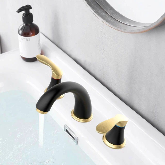 Alt view image 5 of 6 - Bathroom Sink Faucet, Faucet for Bathroom Sink, Widespread Black and Gold Bathroom Faucet 3 Hole with Plastic Pop Up Drain and cUPC Lead-Free Hose - (Black and Gold)