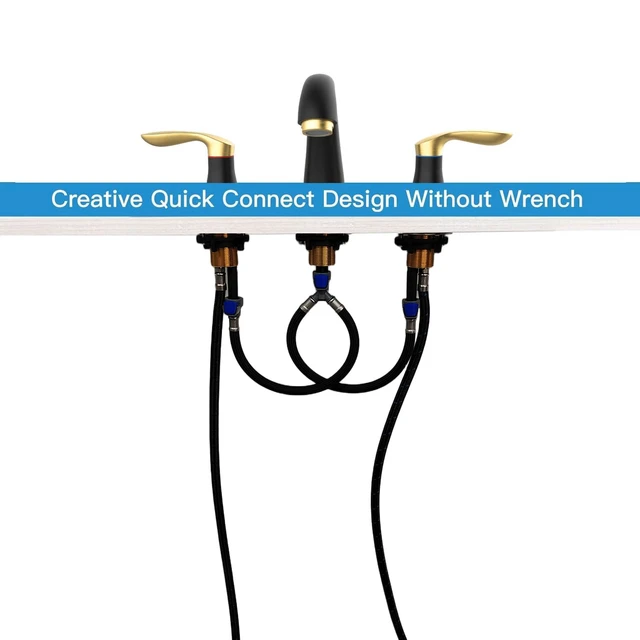 Alt view image 6 of 6 - Bathroom Sink Faucet, Faucet for Bathroom Sink, Widespread Black and Gold Bathroom Faucet 3 Hole with Plastic Pop Up Drain and cUPC Lead-Free Hose - (Black and Gold)