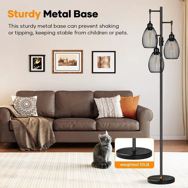 Alt view image 5 of 7 - Dimmable Floor Lamp,3x800LM LED Bulbs Included, Farmhouse Industrial Floor Lamp Standing Tree Lamp with Teardrop Cage Head Tall Lamp for Living Room Bedroom Office Dining Room - Black & Marble Base
