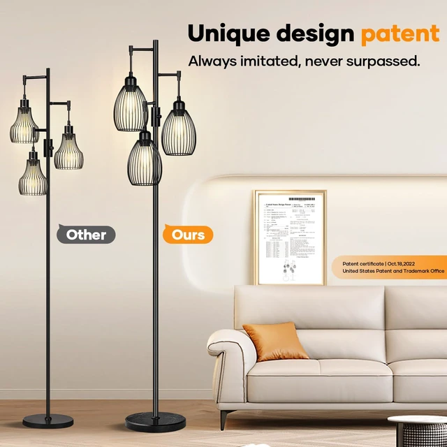 Alt view image 7 of 7 - Dimmable Floor Lamp,3x800LM LED Bulbs Included, Farmhouse Industrial Floor Lamp Standing Tree Lamp with Teardrop Cage Head Tall Lamp for Living Room Bedroom Office Dining Room - Black & Marble Base