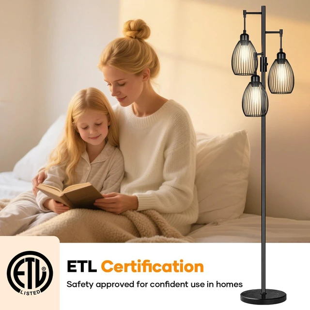 Alt view image 6 of 7 - Dimmable Floor Lamp,3x800LM LED Bulbs Included, Farmhouse Industrial Floor Lamp Standing Tree Lamp with Teardrop Cage Head Tall Lamp for Living Room Bedroom Office Dining Room - Black & Marble Base