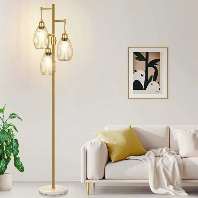 Main image of Dimmable Floor Lamp,3x800LM LED Bulbs Included, Farmhouse Industrial Floor Lamp Standing Tree Lamp with Teardrop Cage Head Tall Lamp for Living Room Bedroom Office Dining Room - Gold & Marble Base