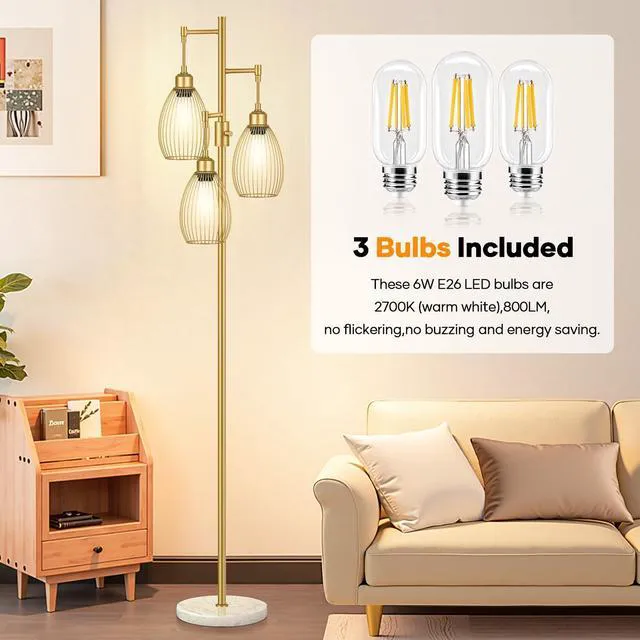 Alt view image 4 of 7 - Dimmable Floor Lamp,3x800LM LED Bulbs Included, Farmhouse Industrial Floor Lamp Standing Tree Lamp with Teardrop Cage Head Tall Lamp for Living Room Bedroom Office Dining Room - Gold & Marble Base