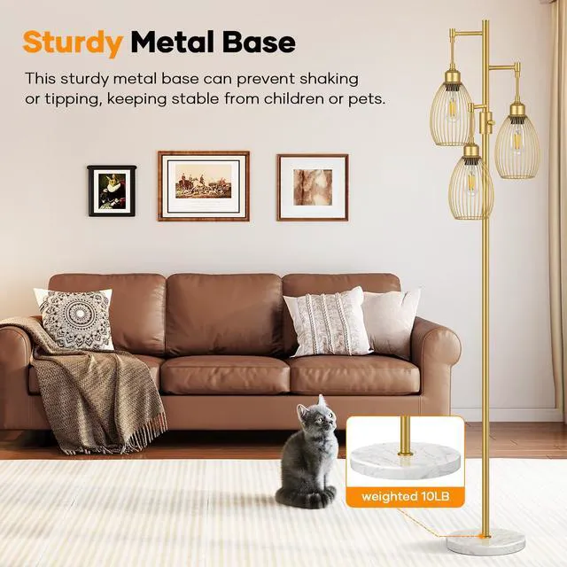 Alt view image 5 of 7 - Dimmable Floor Lamp,3x800LM LED Bulbs Included, Farmhouse Industrial Floor Lamp Standing Tree Lamp with Teardrop Cage Head Tall Lamp for Living Room Bedroom Office Dining Room - Gold & Marble Base