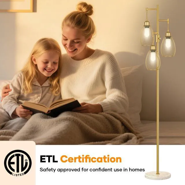 Alt view image 6 of 7 - Dimmable Floor Lamp,3x800LM LED Bulbs Included, Farmhouse Industrial Floor Lamp Standing Tree Lamp with Teardrop Cage Head Tall Lamp for Living Room Bedroom Office Dining Room - Gold & Marble Base