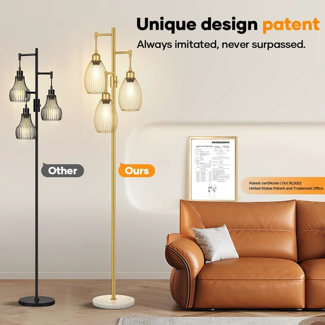 Alt view image 7 of 7 - Dimmable Floor Lamp,3x800LM LED Bulbs Included, Farmhouse Industrial Floor Lamp Standing Tree Lamp with Teardrop Cage Head Tall Lamp for Living Room Bedroom Office Dining Room - Gold & Marble Base