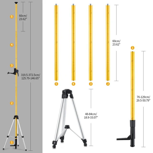 Alt view image 6 of 7 - 12 Ft./3.7M Professional Laser Level Pole with Tripod and 1/4-Inch by 20-Inch Laser Mount for Rotary and Line Lasers, Adjustable Telescoping Laser Pole with 5/8"-11 Threaded Adapter-FLP370C
