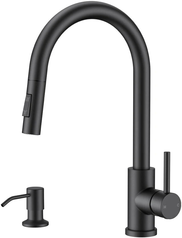 Main image of Pull Down Kitchen Faucet with Soap Dispenser, Matte Black Lead-Free, Stainless Steel, Single Handle, 1 Hole Sink Faucet with Deck Plate, Fit for RV Bar Farmhouse Laundry Outdoor