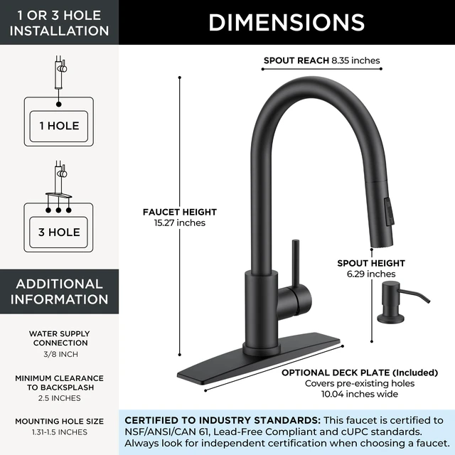 Alt view image 2 of 7 - Pull Down Kitchen Faucet with Soap Dispenser, Matte Black Lead-Free, Stainless Steel, Single Handle, 1 Hole Sink Faucet with Deck Plate, Fit for RV Bar Farmhouse Laundry Outdoor
