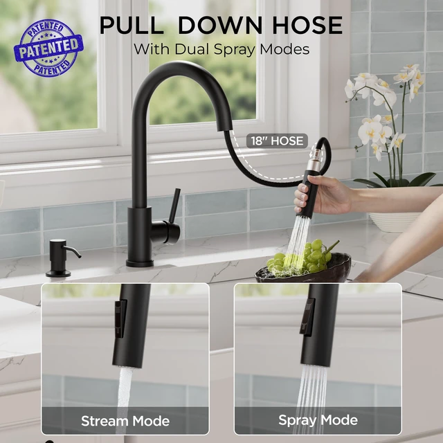 Alt view image 3 of 7 - Pull Down Kitchen Faucet with Soap Dispenser, Matte Black Lead-Free, Stainless Steel, Single Handle, 1 Hole Sink Faucet with Deck Plate, Fit for RV Bar Farmhouse Laundry Outdoor