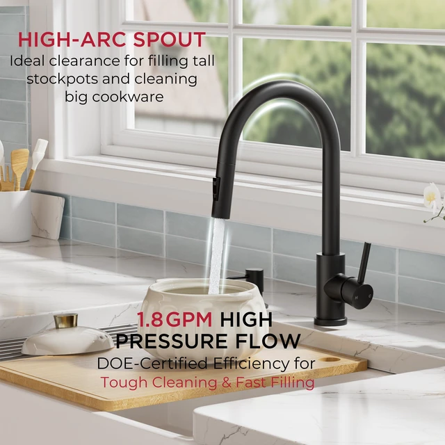 Alt view image 5 of 7 - Pull Down Kitchen Faucet with Soap Dispenser, Matte Black Lead-Free, Stainless Steel, Single Handle, 1 Hole Sink Faucet with Deck Plate, Fit for RV Bar Farmhouse Laundry Outdoor
