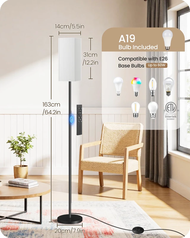 Alt view image 2 of 7 - 2Pack 64.2 Dimmable Floor Lamp for Living Room with Remote & Foot Switch, Corner Floor Lamp for Bedroom, Includes A19 Bulb, Modern Standing Tall Lamp, ETL Listed White and Black CW17LDP205