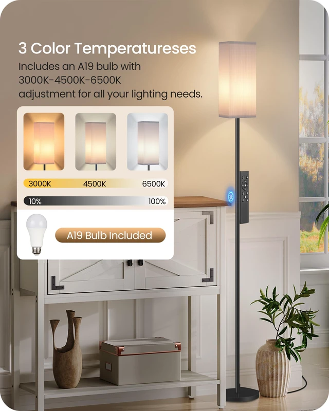 Alt view image 3 of 7 - 2Pack 64.2 Dimmable Floor Lamp for Living Room with Remote & Foot Switch, Corner Floor Lamp for Bedroom, Includes A19 Bulb, Modern Standing Tall Lamp, ETL Listed White and Black CW17LDP205