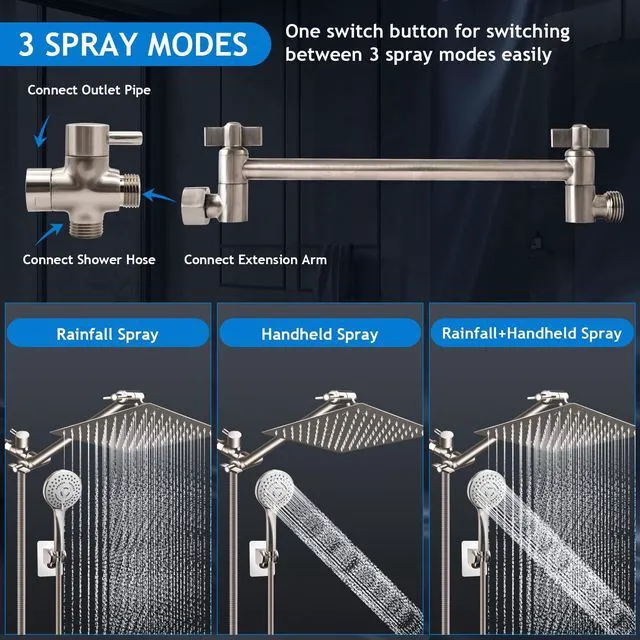 Alt view image 2 of 7 - Shower Head Combo,10" Brushed Nickel High Pressure with 11" Extension Arm Rain Shower Head with 5 Settings Handheld Shower Head Combo,Powerful Shower Spray Against Low Pressure Water