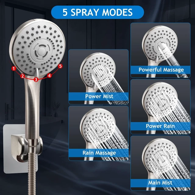 Alt view image 3 of 7 - Shower Head Combo,10" Brushed Nickel High Pressure with 11" Extension Arm Rain Shower Head with 5 Settings Handheld Shower Head Combo,Powerful Shower Spray Against Low Pressure Water