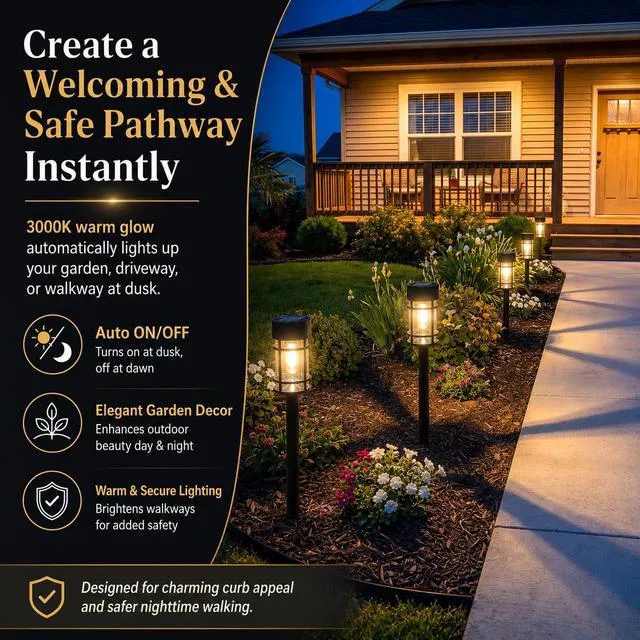 Alt view image 2 of 7 - 12 Pack Solar Lights Pathway Outdoor, Metal & Glass Large Solar Pathway Lights, Solar Powered Garden Lights for Yard, Landscape, Driveway Walkway