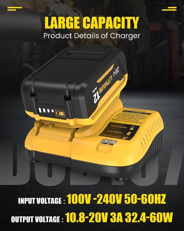Alt view image 2 of 7 - 12.0Ah Replacement for Dawalt 20V Max Battery and DCB107 Charger(3Pieces) Compatible with Dewalt 20V Battery DCB206 DCD DCF DCG Series Cordless Power Tools and Impact Driver, Hammer Drill