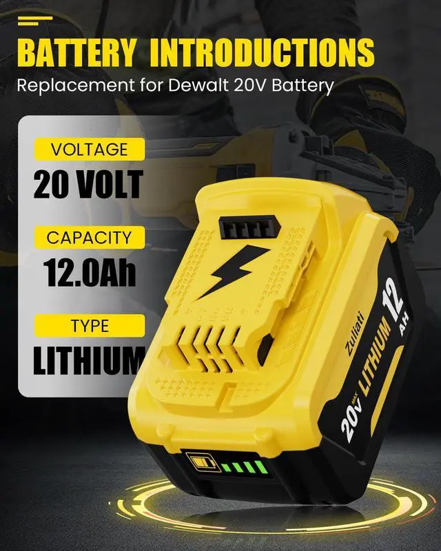 Alt view image 4 of 7 - 12.0Ah Replacement for Dawalt 20V Max Battery and DCB107 Charger(3Pieces) Compatible with Dewalt 20V Battery DCB206 DCD DCF DCG Series Cordless Power Tools and Impact Driver, Hammer Drill