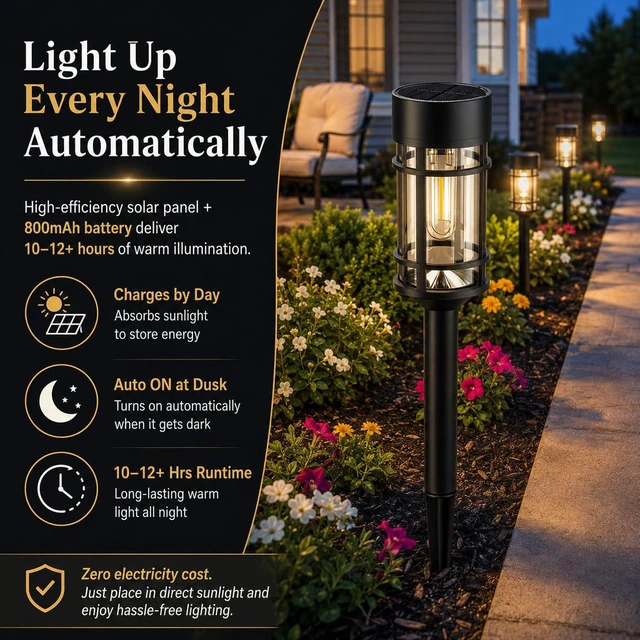 Alt view image 3 of 7 - 12 Pack Solar Lights Pathway Outdoor, Metal & Glass Large Solar Pathway Lights, Solar Powered Garden Lights for Yard, Landscape, Driveway Walkway