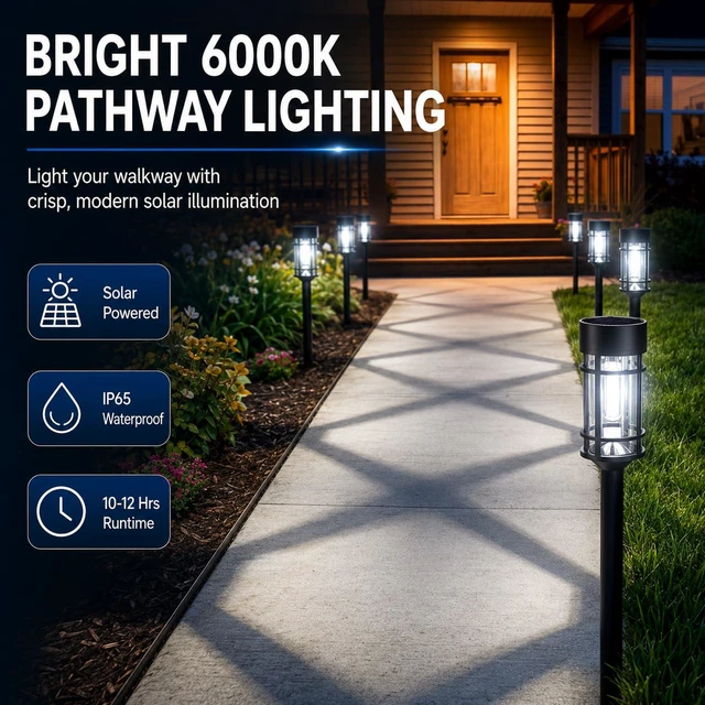 Alt view image 2 of 7 - Solar Pathway Lights Outdoor 8 Pack Waterproof Solar Lights for Garden 21" Metal Glass LED Bright 8-12Hours Long-Lasting Outdoor Solar Lights for Yard, Garden Path Landscape Driveway Walkway