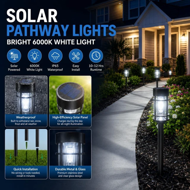 Alt view image 4 of 7 - Solar Pathway Lights Outdoor 8 Pack Waterproof Solar Lights for Garden 21" Metal Glass LED Bright 8-12Hours Long-Lasting Outdoor Solar Lights for Yard, Garden Path Landscape Driveway Walkway