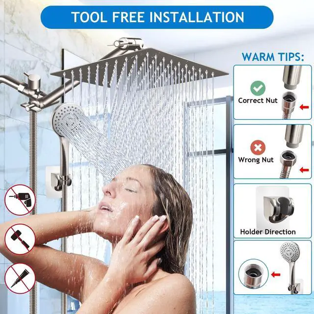 Alt view image 6 of 7 - Shower Head Combo,10" Brushed Nickel High Pressure with 11" Extension Arm Rain Shower Head with 5 Settings Handheld Shower Head Combo,Powerful Shower Spray Against Low Pressure Water