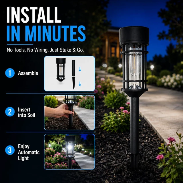 Alt view image 5 of 7 - Solar Pathway Lights Outdoor 8 Pack Waterproof Solar Lights for Garden 21" Metal Glass LED Bright 8-12Hours Long-Lasting Outdoor Solar Lights for Yard, Garden Path Landscape Driveway Walkway