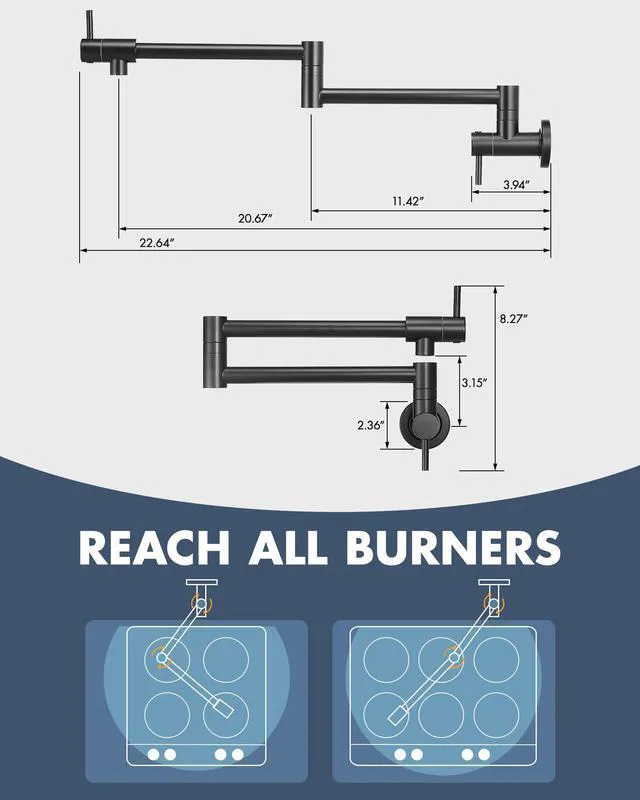 Alt view image 2 of 6 - Pot Filler Faucet Matte Black for Kitchen Over Stove 22.5 Inch Wall Mount Folding Stretchable Kitchen Stainless Steel Pot Filler Double Joint Swing Arm Two Handles NPT
