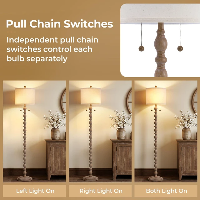 Alt view image 2 of 7 - Farmhouse Floor Lamps for Living Room, Standing Lamp with Bulb Resin, 62" Tall Lamp with Shade and 2 Pull Chain Switches, Vintage Floor Lamps for Bedroom, Corner, Home Decor