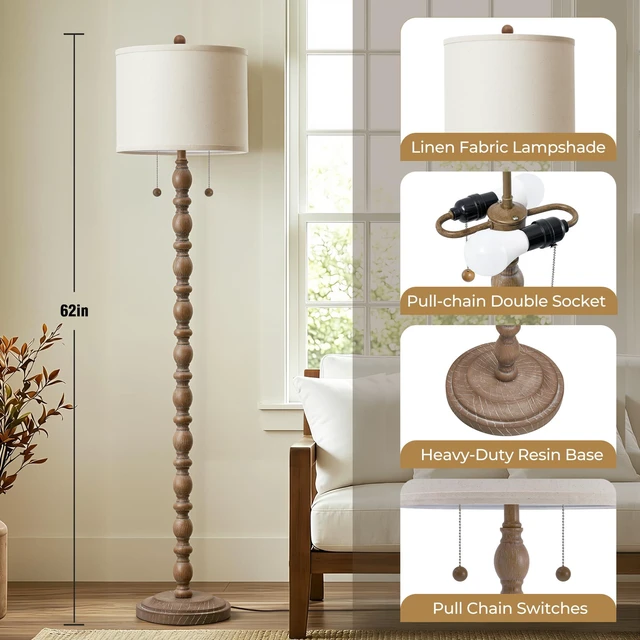 Alt view image 3 of 7 - Farmhouse Floor Lamps for Living Room, Standing Lamp with Bulb Resin, 62" Tall Lamp with Shade and 2 Pull Chain Switches, Vintage Floor Lamps for Bedroom, Corner, Home Decor