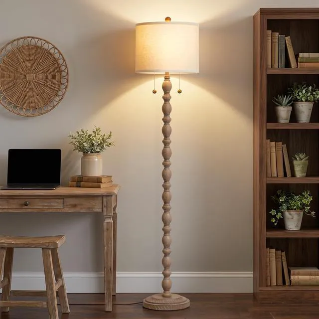 Alt view image 4 of 7 - Farmhouse Floor Lamps for Living Room, Standing Lamp with Bulb Resin, 62" Tall Lamp with Shade and 2 Pull Chain Switches, Vintage Floor Lamps for Bedroom, Corner, Home Decor