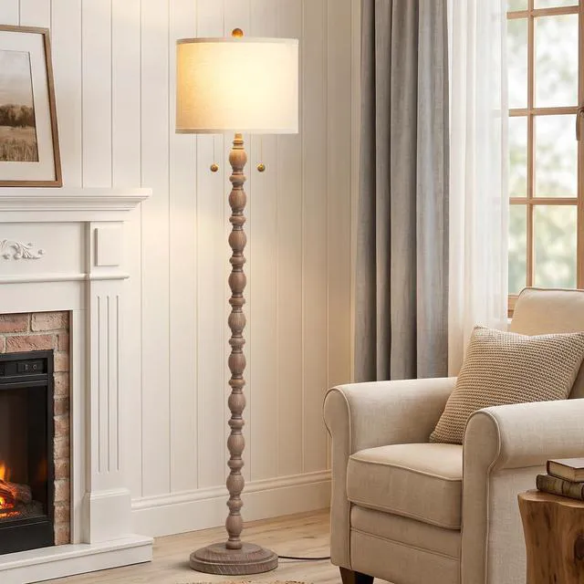 Alt view image 5 of 7 - Farmhouse Floor Lamps for Living Room, Standing Lamp with Bulb Resin, 62" Tall Lamp with Shade and 2 Pull Chain Switches, Vintage Floor Lamps for Bedroom, Corner, Home Decor