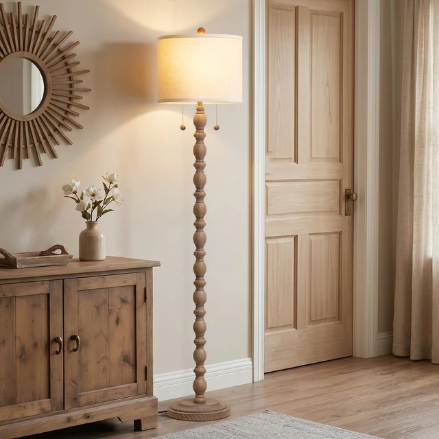 Alt view image 7 of 7 - Farmhouse Floor Lamps for Living Room, Standing Lamp with Bulb Resin, 62" Tall Lamp with Shade and 2 Pull Chain Switches, Vintage Floor Lamps for Bedroom, Corner, Home Decor