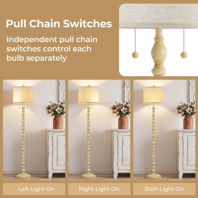 Alt view image 2 of 7 - Farmhouse Floor Lamps for Living Room, Standing Lamp with Bulb Resin, 62" Tall Lamp with Shade and 2 Pull Chain Switches, Vintage Floor Lamps for Bedroom, Corner, Home Decor